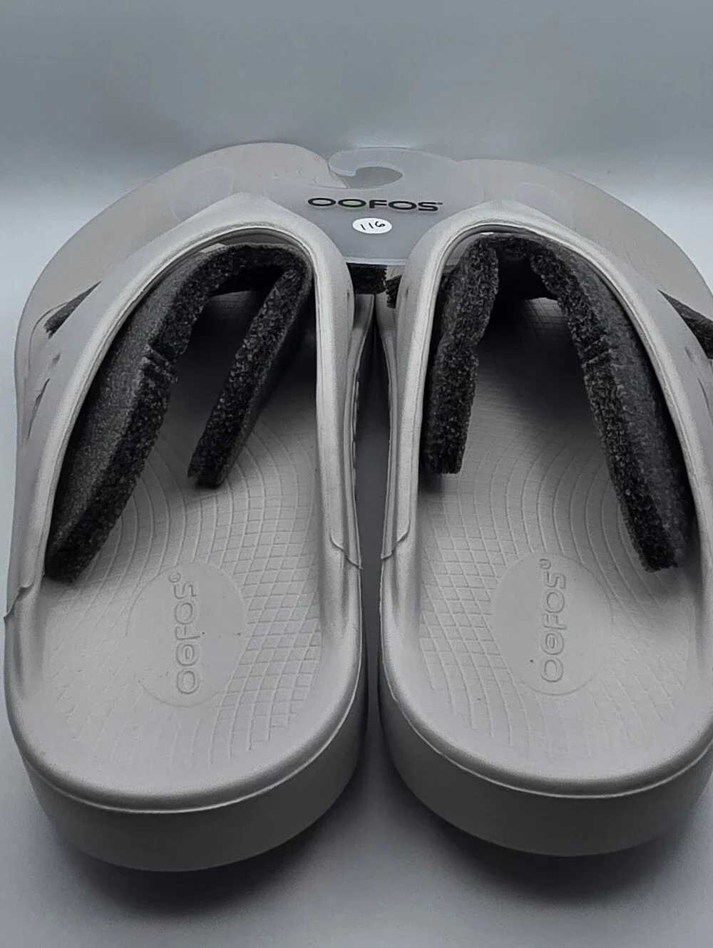 Oofos OOahh Slide Sandals in Light Gray with Dark Gray Footbed